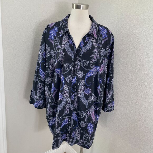 Catherines Womens Plus 3X Blouse Purple Black Floral Roll Tab Sleeve Shirt Top - Picture 1 of 11